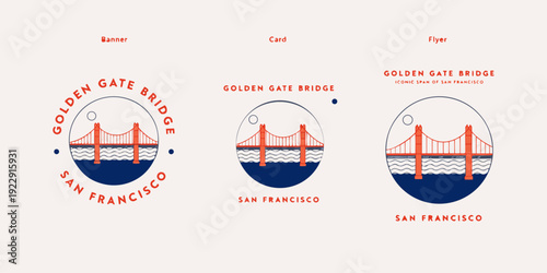 USA, US, U.S, United States - Set of cards Minimal line-art Golden Gate Bridge circle emblem SVG banner, card, flyer