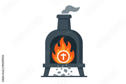 A flat vector illustration of a dark gray furnace with a chimney emitting smoke. Inside the furnace, a bright orange fire burns with a white cross symbol in the center.
