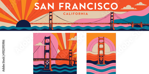 USA, US, U.S, United States - Set of cards Sunset gradient Golden Gate SVG with geometric sun rays banner, card, flyer