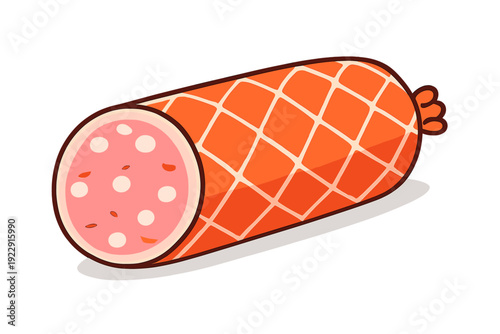 A cartoon illustration of a whole salami sausage with a diamond patterned casing and a sliced end showing pink meat and white fat spots, isolated on a white background.