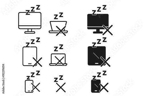 This set of minimalist icons features various digital screens including computers and mobile devices with zzz sleep indicators and large crosses to represent inactive modes.