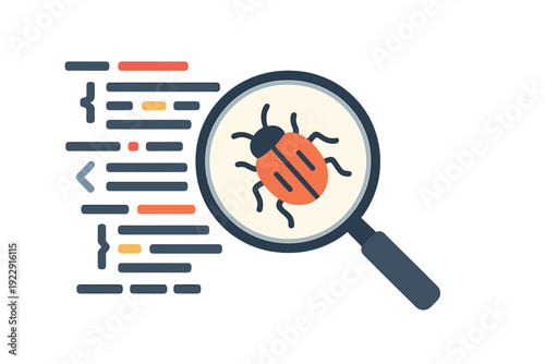 A flat illustration of a magnifying glass inspecting a bug over lines of computer code, representing software debugging and quality assurance in programming.