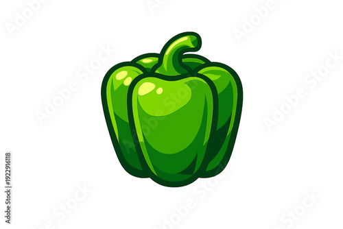 A stylized cartoon illustration of a glossy green bell pepper with a curved stem, isolated on a solid black background. The vegetable features vibrant highlights and dark outlines.