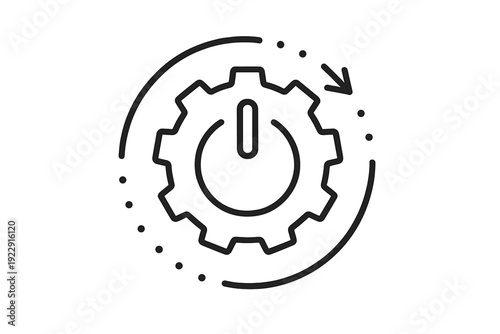 A black line art icon featuring a gear with a power symbol in the center, surrounded by a circular arrow and decorative dots on a white background. Represents automation and control.