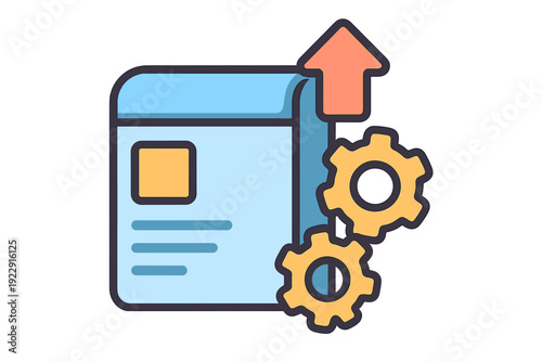 This flat design icon features a blue document window with two yellow gears and an orange arrow pointing up, symbolizing a software update, system upgrade, or data processing.