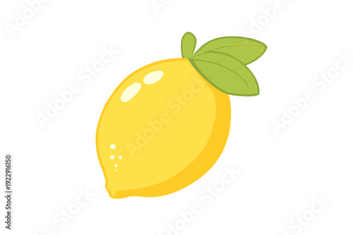 A bright yellow lemon sticker with green leaves and a white border, isolated on a black background. This vector illustration features simple cartoon details and highlights.