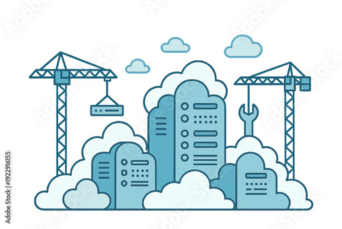 This blue monochromatic illustration shows cloud computing infrastructure being built with server racks, construction cranes, and clouds, symbolizing digital network development.