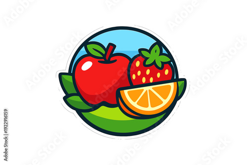 This colorful vector graphic displays a red apple, a ripe strawberry, and a fresh orange slice inside a circular badge with a blue sky and green grass background.