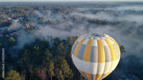 Hot air balloon soaring above a misty forest at dawn or dusk