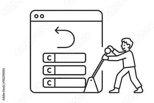 A black and white line art illustration of a person pulling a large lever next to a web browser window containing a back arrow and several horizontal selection bars with the letter C.