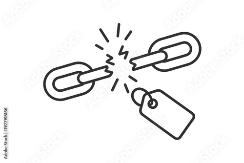 This minimalist line art graphic depicts a broken metal chain with a price tag hanging from one link. It represents concepts like liberation, value, and the price of independence.