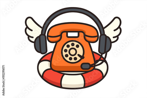 This cartoon illustration features an orange rotary telephone wearing a headset and white wings, resting inside a red and white lifebuoy against a solid black background.