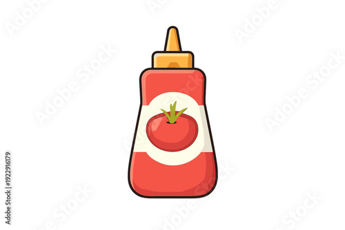 A cartoon illustration of a red tomato ketchup squeeze bottle with a yellow nozzle and a white label featuring a red tomato, isolated on a black background.