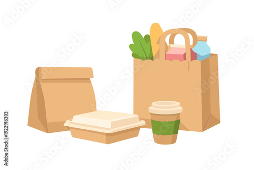 A flat vector illustration of various paper food packaging items including a grocery bag filled with produce, a takeout container, a coffee cup, and a folded brown paper bag.