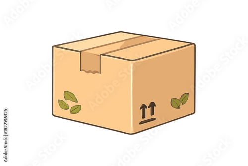 A cartoon illustration of a sealed cardboard shipping box with brown tape. The box features green leaf icons and black arrows indicating the correct orientation for transport.