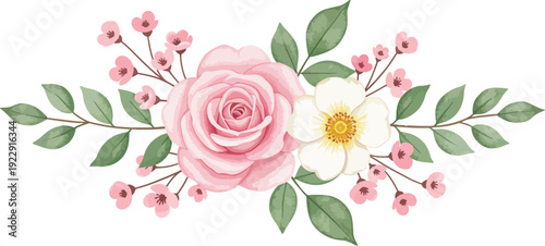 Pink rose and white daisy flowers with green leaves on white background floral arrangement