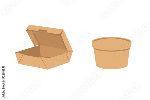 An illustration of two brown cardboard food containers against a black background. One is an open rectangular hinged box, and the other is a round tub for takeaway meals.
