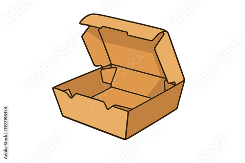 An illustration of an open brown cardboard takeout box or food container isolated on a black background. The empty box features a simple design with clean lines and subtle shading.