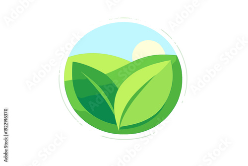 This circular graphic depicts two vibrant green leaves set against a backdrop of rolling hills and a rising sun in a clear blue sky. It is a clean, minimalist nature themed design.