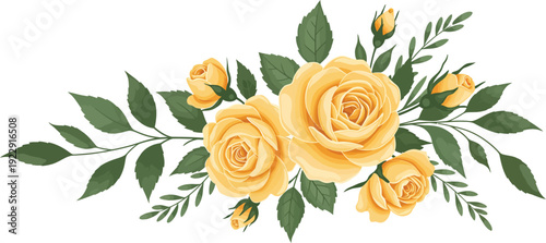 Beautiful bouquet of yellow roses with green leaves on a white background floral arrangement