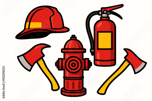 A collection of red firefighting equipment illustrations including a helmet, fire extinguisher, hydrant, and two axes with yellow handles, isolated on a white background.