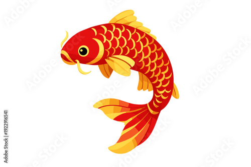 A vibrant red and yellow koi fish illustration with detailed scales and flowing fins, depicted in a curved swimming pose against a solid black background.