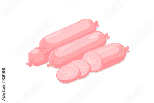 This illustration features three pink sausages, with one partially sliced into rounds, showcasing glossy highlights and tied ends against a solid black background.