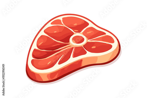 This stylized digital illustration depicts a thick cut of raw meat with a central bone, featuring vibrant red flesh and white fat marbling against a black background.