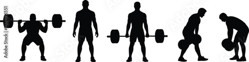 Weightlifting and Strength Training Silhouettes Set with Barbell Squat and Deadlift Poses Isolated on White Background, Fitness Workout Vector Collection