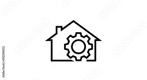 Smart Home Technology Icon with House and Cogwheel Gear on Isolated White Background