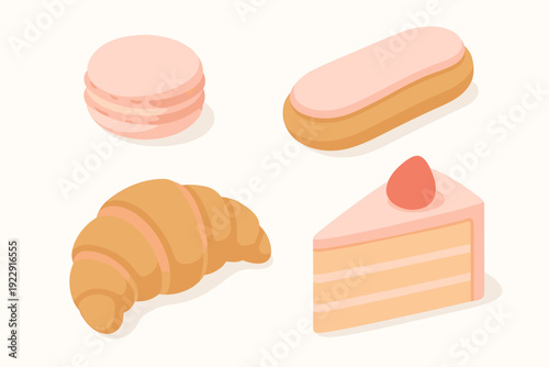 This set of flat illustrations features a pink macaron, a long eclair with pink icing, a flaky golden croissant, and a layered strawberry cake slice on a white background.