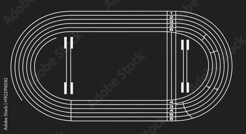 Running Track Outline with Lanes and Start Numbers on Isolated Black Background