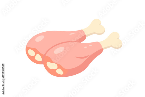 A cartoon illustration of two raw chicken drumsticks with pink meat and white bones, isolated on a black background. The image features a clean, flat vector style with soft highlights.
