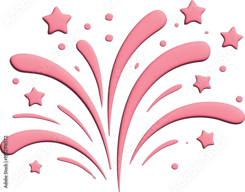 A soft pink three-dimensional firework burst with rounded stars appears against a black background in a glossy decorative style.