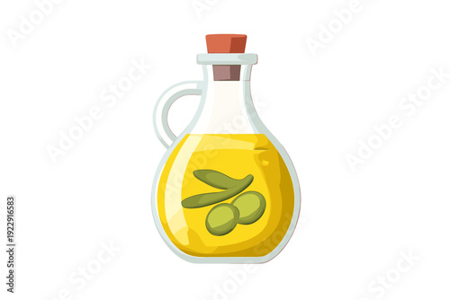 A vector illustration of a glass bottle filled with golden olive oil, featuring a handle and a cork stopper. The bottle is decorated with a graphic of green olives and leaves.