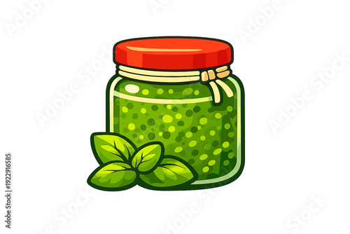 A cartoon illustration of a glass jar filled with green basil pesto sauce, featuring a red lid and a decorative string. Fresh green basil leaves are placed in front of the jar.