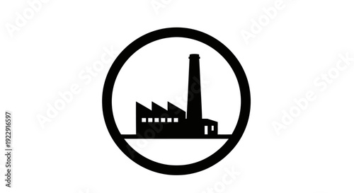 Industrial Factory Building Icon with Chimney in Circle Frame on Isolated White Background