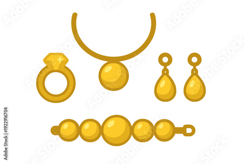 A flat vector illustration of a gold jewelry set including a necklace with a round pendant, a ring with a yellow gem, teardrop earrings, and a beaded bracelet on a black background.