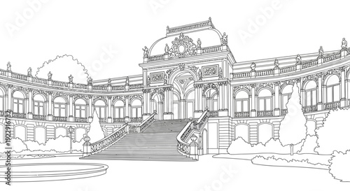 Grand Ornate Palace Exterior with Elegant Stairs and Garden Sketch Illustration