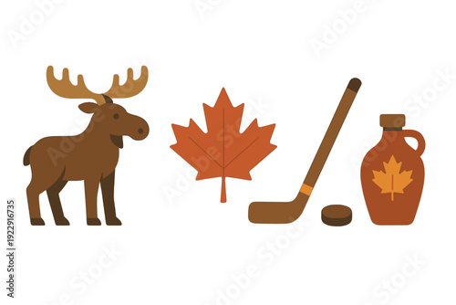 A flat vector illustration featuring iconic Canadian symbols including a brown moose, an orange maple leaf, a hockey stick with a puck, and a jug of maple syrup on a black background.