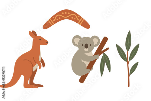 A flat illustration featuring iconic Australian symbols including a kangaroo, a koala clinging to a branch, a decorated boomerang, and a eucalyptus plant on a black background.
