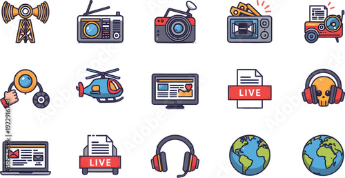 Collection of media broadcasting and news reporting icons including communication towers cameras radios laptops globes and live reporting symbols for digital content creation