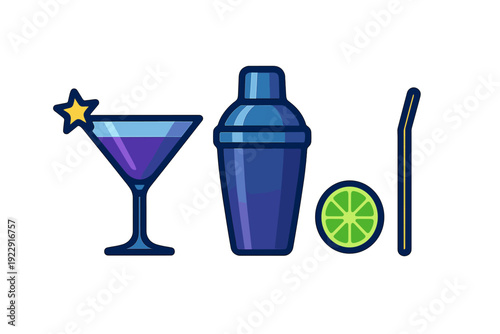 A flat vector illustration of a cocktail set featuring a martini glass with a star garnish, a blue shaker, a lime slice, and a straw against a solid black background.