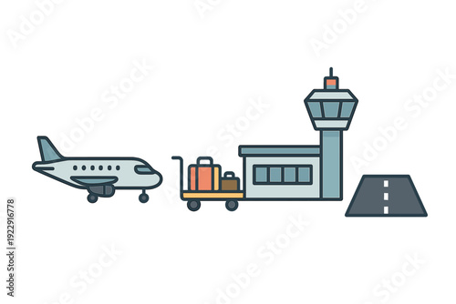 A flat vector illustration of an airport featuring a small airplane, a luggage cart with suitcases, a terminal building with a control tower, and a runway section on a black background.