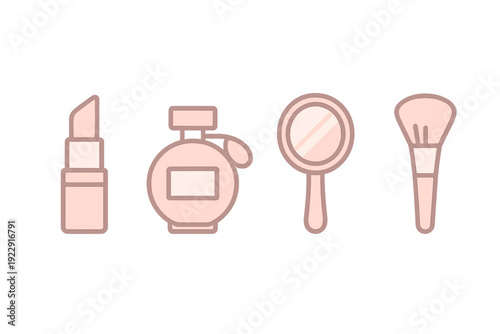 This illustration features four minimalist pink icons representing beauty products: a lipstick, a perfume bottle, a hand mirror, and a makeup brush on a black backdrop.
