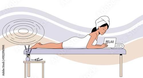 Woman Relaxing on Massage Table with "Relax" Message, Spa Treatment