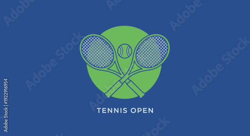 Tennis Open Event Logo with Crossed Racquets and Ball on Blue Background