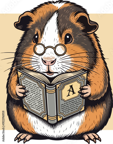 Smart guinea pig wearing glasses reading a book with the letter A.