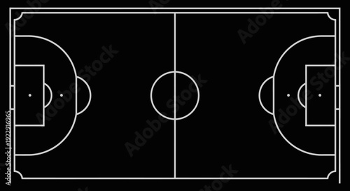 White Outline of Soccer Football Field on Black Background, Top View