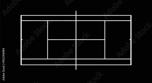 White Outline of Tennis Court on Black Background, Top View
